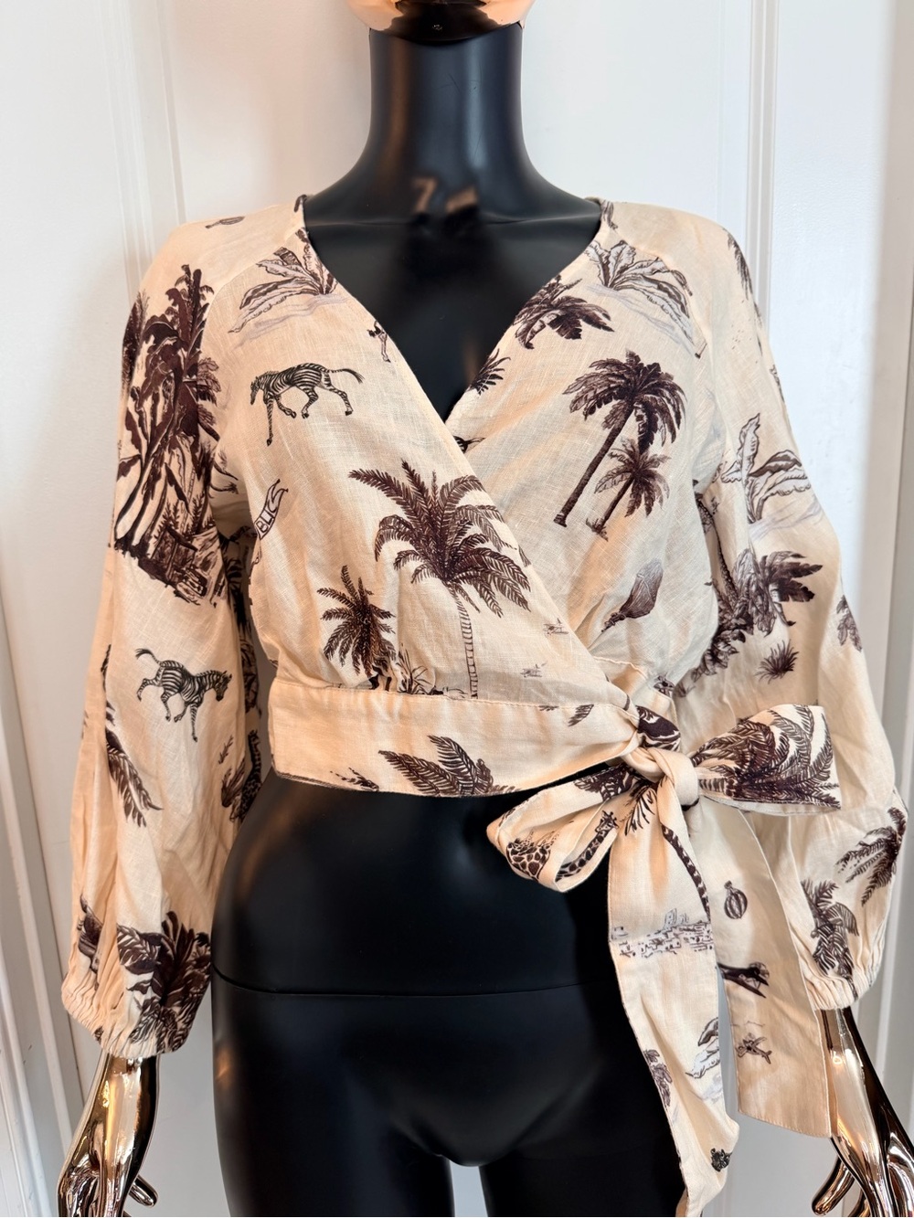 Tie-Waist Wrap Crop Top in Cream with Brown Print